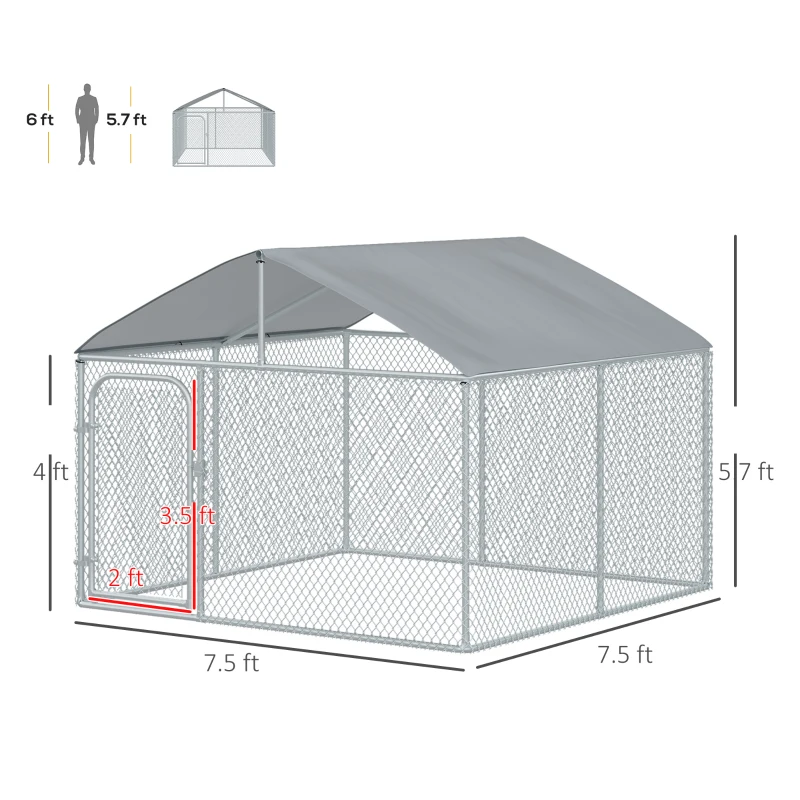 PawHut Outdoor Dog Kennel, Heavy Duty Dog Run Outdoor Fence with Waterproof Cover, Galvanized Chain Link, Secure Lock, 7.5' x 7.5' x 5.6'