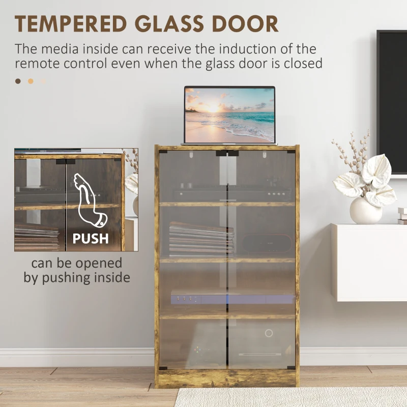 HOMCOM 5-Tier Media Cabinet, Media Stand with Adjustable Shelves, Tempered Glass Doors, and Cable Management, Rustic Brown