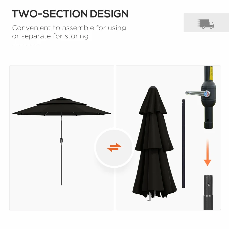 Outsunny 9FT 3 Tiers Patio Umbrella Parasol with Crank, Push Button Tilt for Deck, Backyard and Lawn, Black