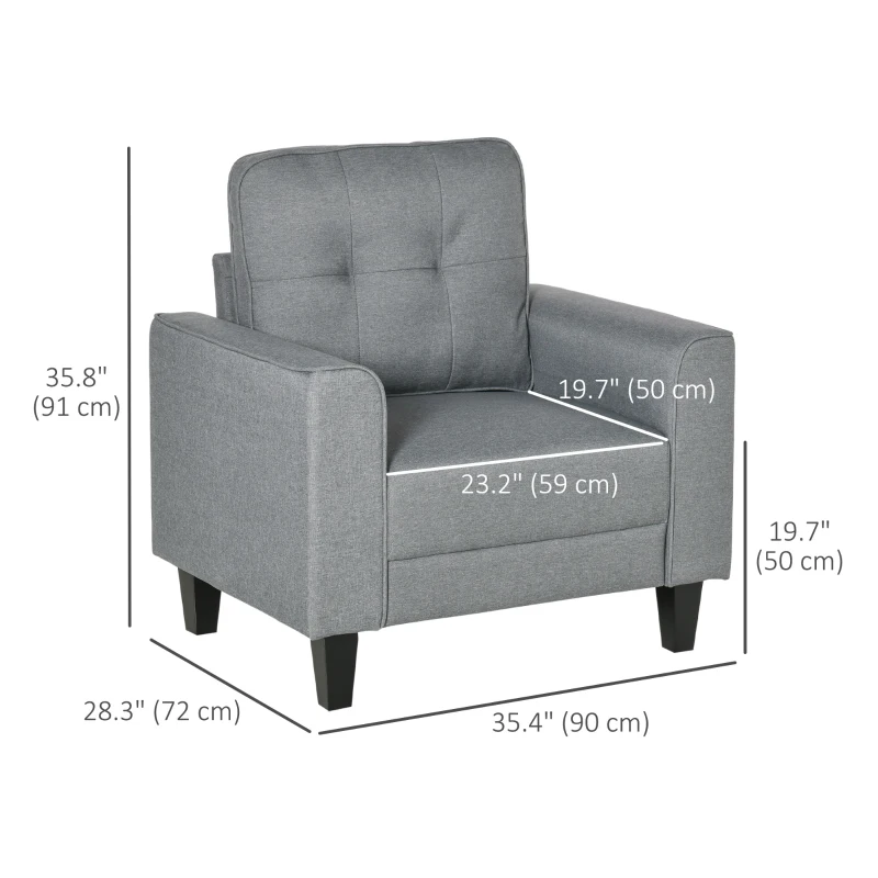HOMCOM Button Tufted Armchair Modern Single Sofa Chair Upholstered Accent Chair with Rubber Wood Legs and Thick Padding Mid-Back for Living Room and Bedroom, Grey