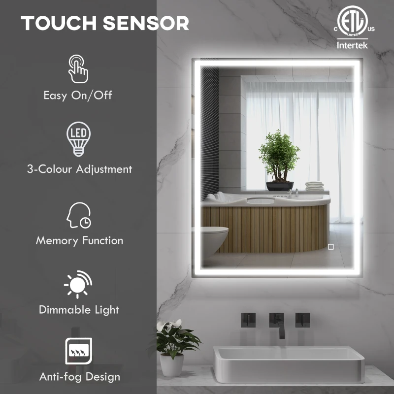 HOMCOM 36" x 28" Bathroom Mirror with LED Lights, Dimmable Makeup Mirror, Vanity Mirror with 3 Colors, Smart Touch, Anti-Fog