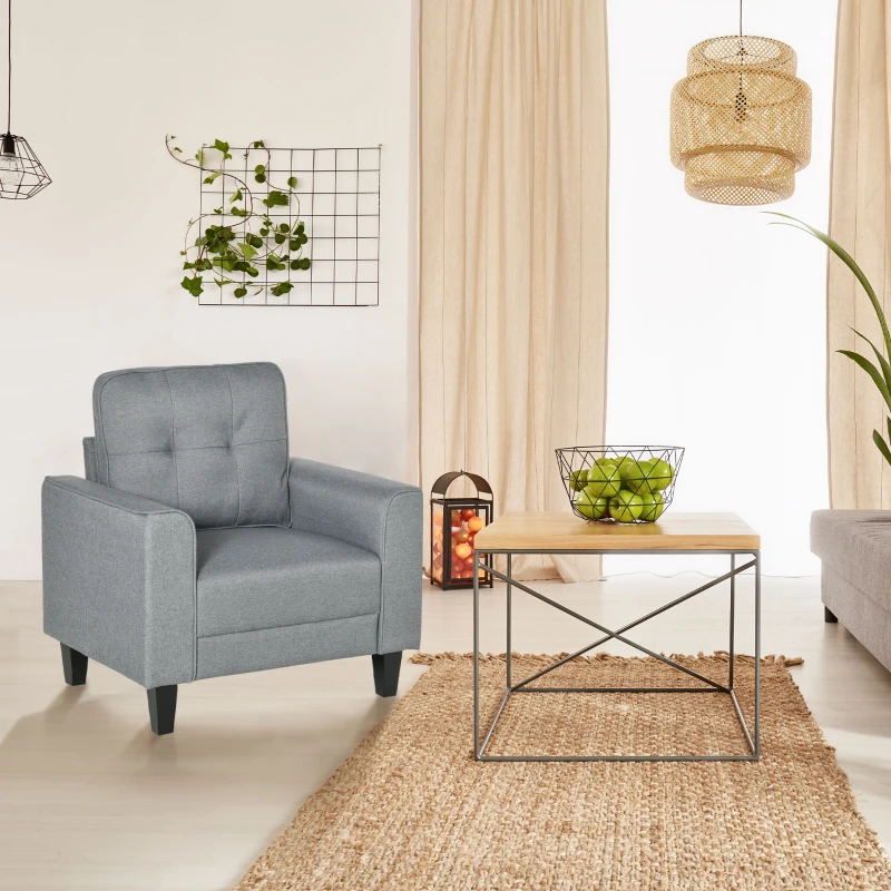 HOMCOM Button Tufted Armchair Modern Single Sofa Chair Upholstered Accent Chair with Rubber Wood Legs and Thick Padding Mid-Back for Living Room and Bedroom, Grey