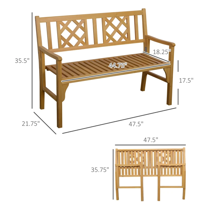 Outsunny 4FT Folding Outdoor Bench, 2-Seater Wooden Garden Bench with Slatted eat and Back, Patio Bench Outdoor Loveseat with Armrests for Backyard, Porch, Park, Natural