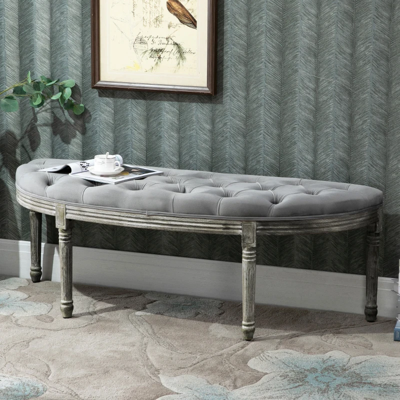 HOMCOM Vintage Semi-Circle End of Bed Bench, Upholstered Bedroom Entryway Bench with Tufted Velvet-Touch Fabric with Rubberwood Legs, Gray