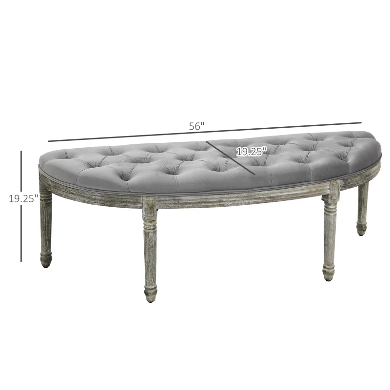 HOMCOM Vintage Semi-Circle End of Bed Bench, Upholstered Bedroom Entryway Bench with Tufted Velvet-Touch Fabric with Rubberwood Legs, Gray