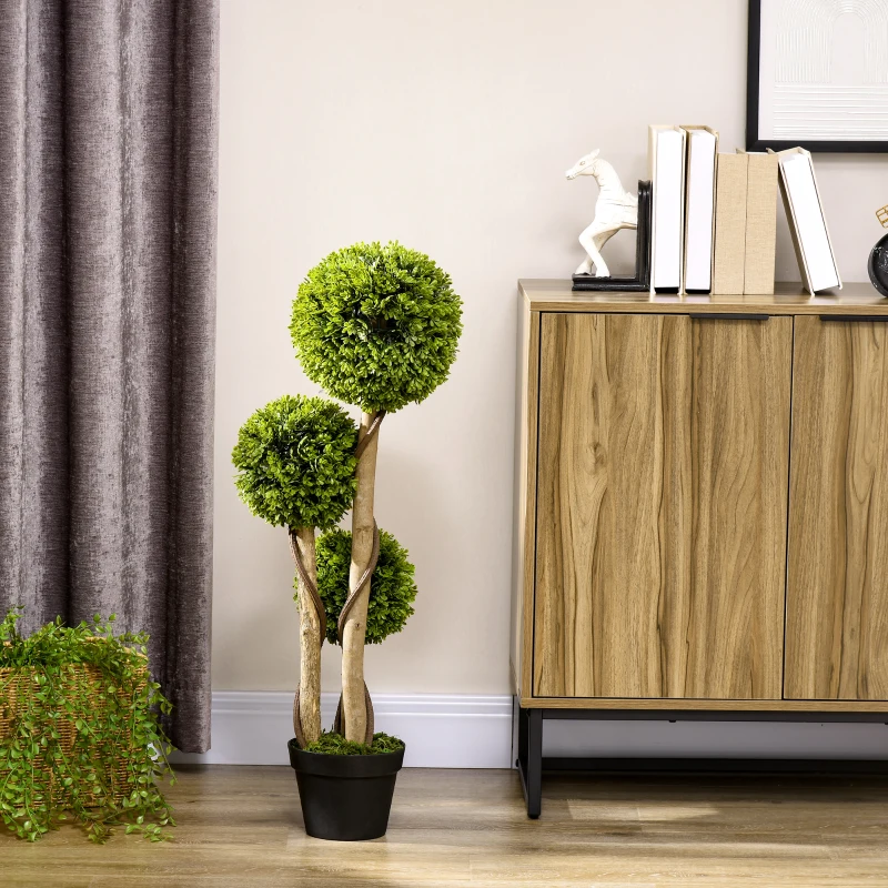 HOMCOM 3FT Potted Fake Plant, Artificial Boxwood Topiary Tree, Triple Ball Tree for Indoor and Outdoor, Green