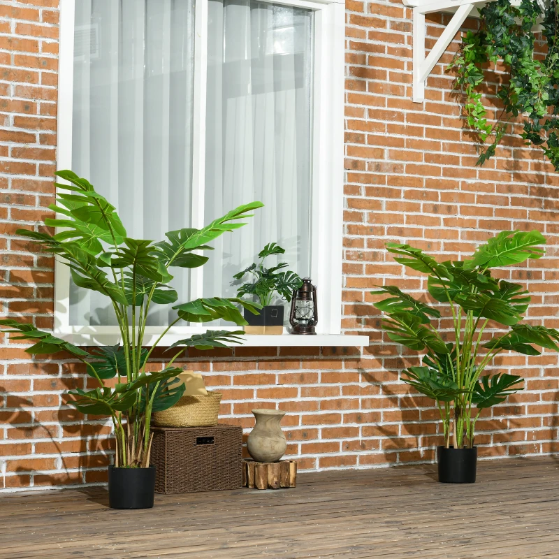 HOMCOM Set of 2 4ft Artificial Tree Monstera Deliciosa, Indoor Fake Tropical Palm with Pot, for Home Decor