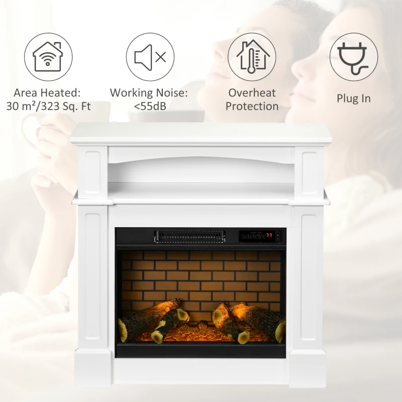 HOMCOM 32" Electric Fireplace with Mantel, Freestanding Heater with LED Log Flame, Shelf and Remote Control, 1400W, White