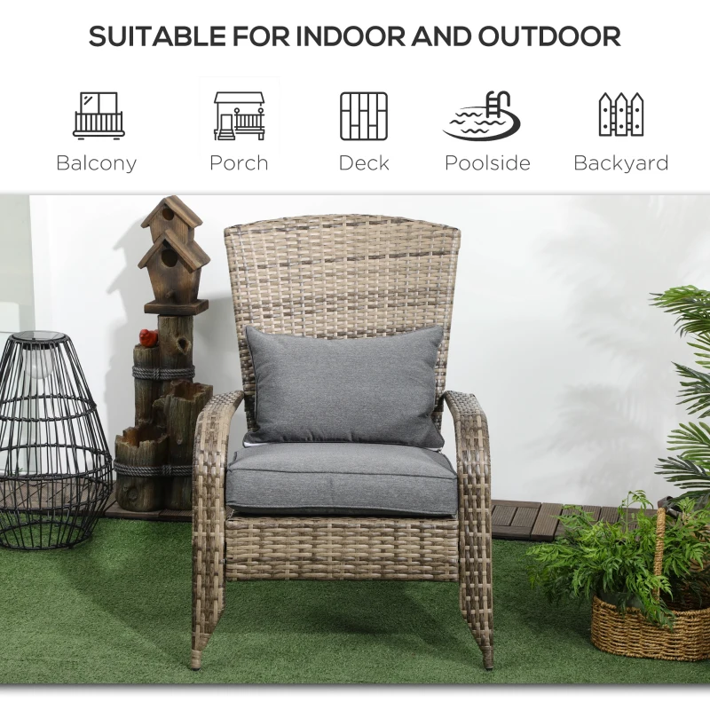 Outsunny Patio Wicker Adirondack Chair, Outdoor All-Weather Rattan Fire Pit Chair w/ Soft Cushions, Tall Curved Backrest and Comfortable Armrests for Deck or Garden, Mixed Tan/Dark Gray
