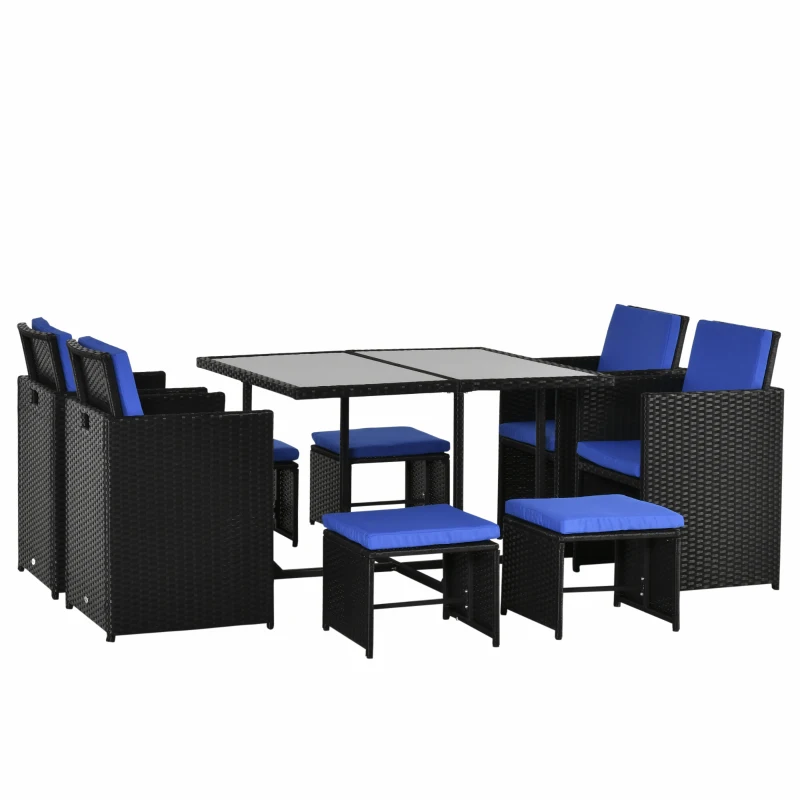 Outsunny 9 Pieces Wicker Patio Dining Set Outdoor Furniture Set with Removable Cushions, Glass Top Dining Table, Ottomans, PE Rattan Conversation Set for Garden Poolside, Blue
