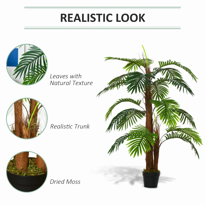 Outsunny Artificial Tree Areca Palm Tree Fake Plants in Pot with 21 Leaves for Indoor Decor, 8"x8"x60", Green