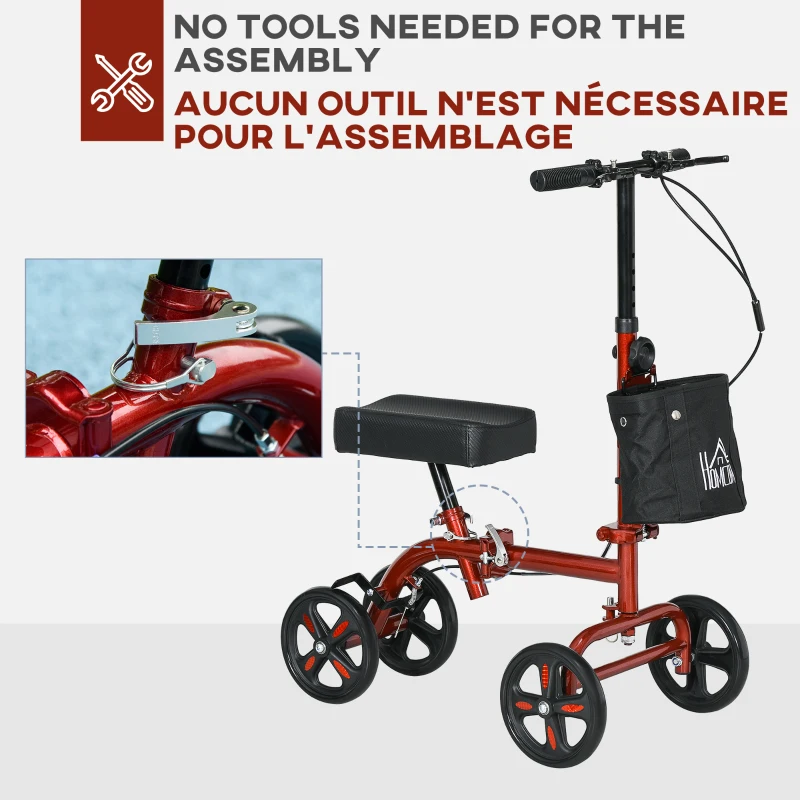 HOMCOM Steerable Knee Walker, Foldable Knee Scooter with Dual Braking System, Adjustable Height, Crutch Alternative, Red