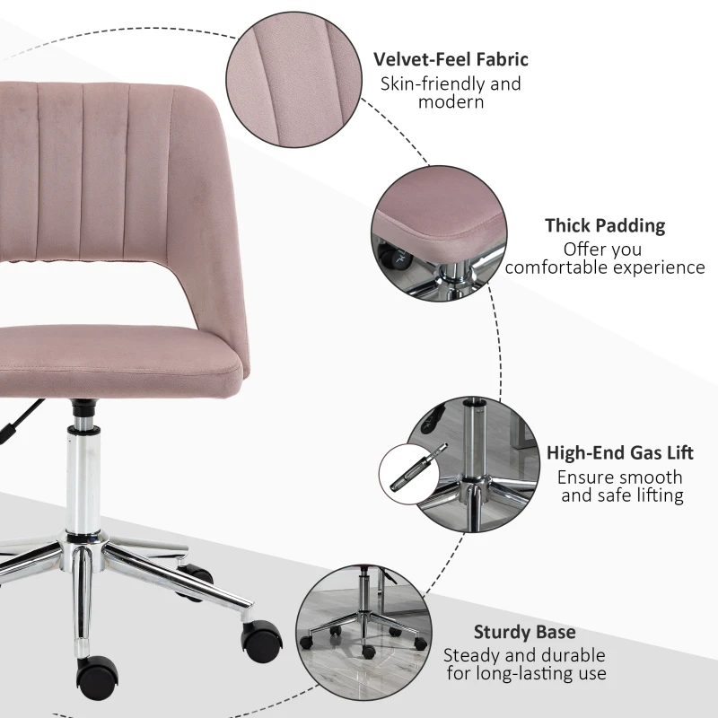 Vinsetto Modern Mid Back Office Chair with Velvet Fabric, Swivel Computer Armless Desk Chair with Hollow Back Design for Home Office, Pink