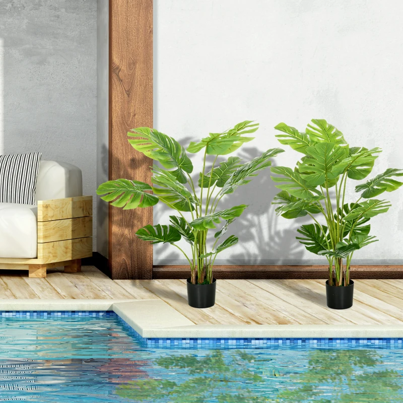 HOMCOM Set of 2 4ft Artificial Tree Monstera Deliciosa, Indoor Fake Tropical Palm with Pot, for Home Decor