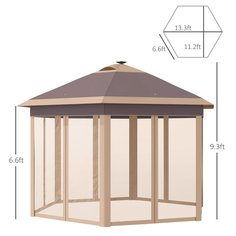 Outsunny 11' x 13' Pop up Gazebo with Netting & Solar LED Lights, Instant Portable Gazebo Shelter, Hexagonal Outdoor Canopy Tent Screen House Room with Carry Bag, Beige