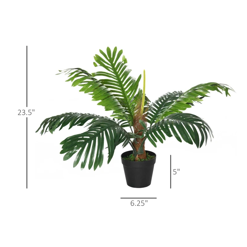 Outsunny 2FT Artificial Palm Tree, Fake Tropical Tree with Lifelike Leaves, Faux Plant in Pot for Indoor Decoration, Green