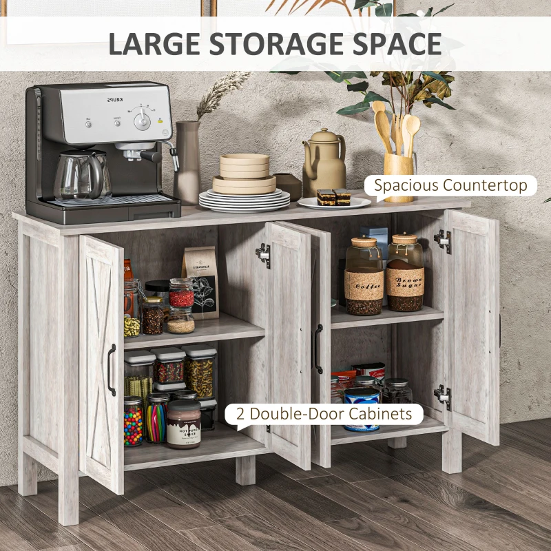 HOMCOM Sideboard Buffet with 4 Barn Doors and 2 Adjustable Shelves, Kitchen Buffet Cabinet for Living Room, Hallway, Gray