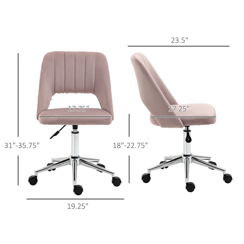 Vinsetto Modern Mid Back Office Chair with Velvet Fabric, Swivel Computer Armless Desk Chair with Hollow Back Design for Home Office, Pink