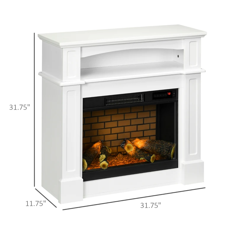 HOMCOM 32" Electric Fireplace with Mantel, Freestanding Heater with LED Log Flame, Shelf and Remote Control, 1400W, White