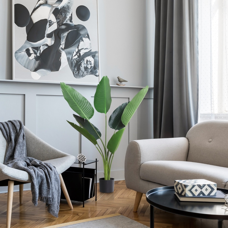 Outsunny 4FT Artificial Bird of Paradise Plant, Fake Tropical Palm Plant with 7 Banana Leaves in Pot, Faux Plant for Indoor , Green