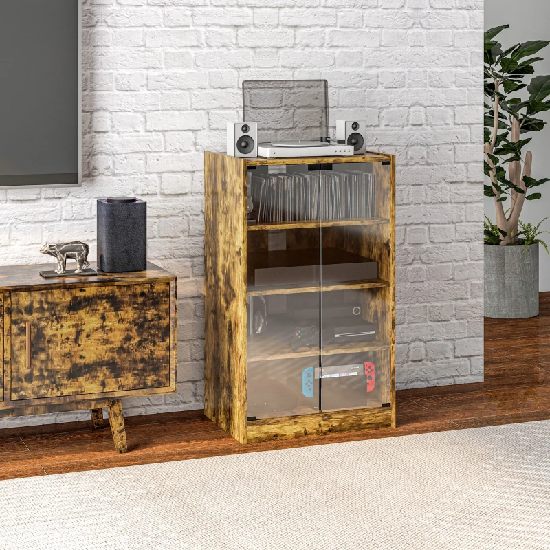 HOMCOM 5-Tier Media Cabinet, Media Stand with Adjustable Shelves, Tempered Glass Doors, and Cable Management, Rustic Brown