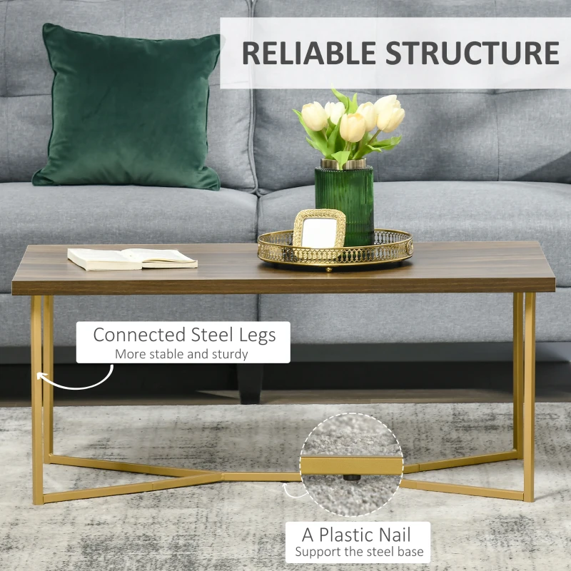 HOMCOM Modern Coffee Table, Rectangle Cocktail Table with Steel Base, for Living Room, Walnut and Gold