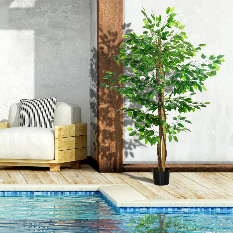 HOMCOM Set of 2 5ft Artificial Trees Ficus, Indoor Fake Plants with Pot, for Home Decor