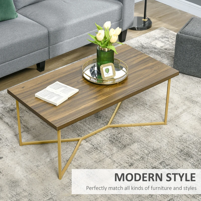 HOMCOM Modern Coffee Table, Rectangle Cocktail Table with Steel Base, for Living Room, Walnut and Gold