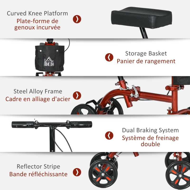 HOMCOM Steerable Knee Walker, Foldable Knee Scooter with Dual Braking System, Adjustable Height, Crutch Alternative, Red