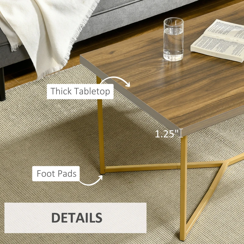 HOMCOM Modern Coffee Table, Rectangle Cocktail Table with Steel Base, for Living Room, Walnut and Gold