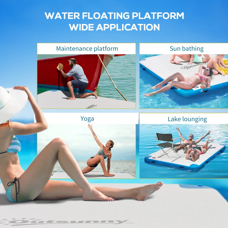 Outsunny 8 x 6ft Water Inflatable Floating Dock, Inflatable Platform Island, Large Floating Mat Raft with Air Pump & Backpack, for Pool, Beach, Ocean, White