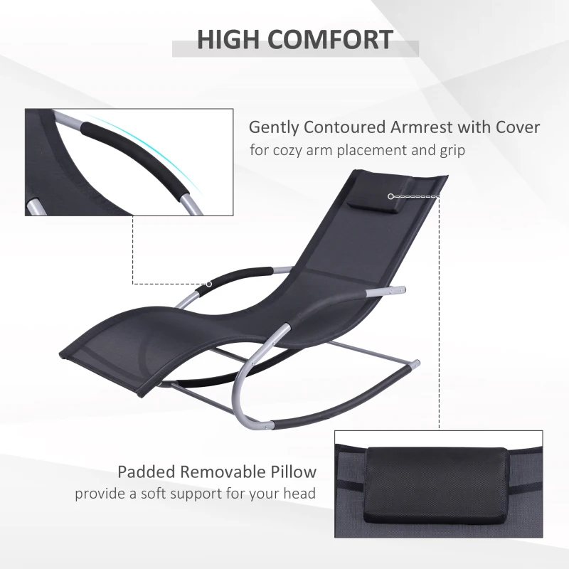 Outsunny Zero Gravity Rocking Chair Outdoor Chaise Lounge Chair Recliner Rocker with Detachable Pillow and Weather-Fighting Fabric for Patio, Deck, Pool, Black