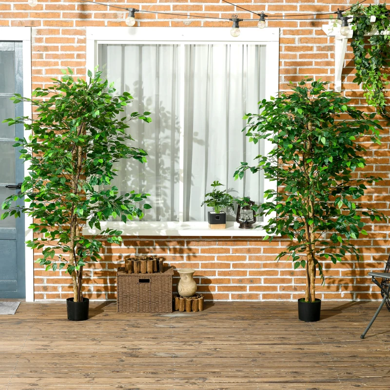HOMCOM Set of 2 6ft Artificial Trees Ficus, Indoor Fake Plants with Pot, for Home Decor