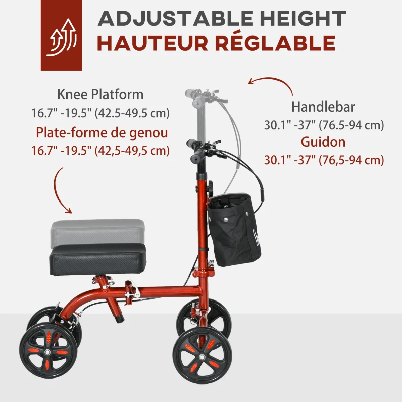 HOMCOM Steerable Knee Walker, Foldable Knee Scooter with Dual Braking System, Adjustable Height, Crutch Alternative, Red