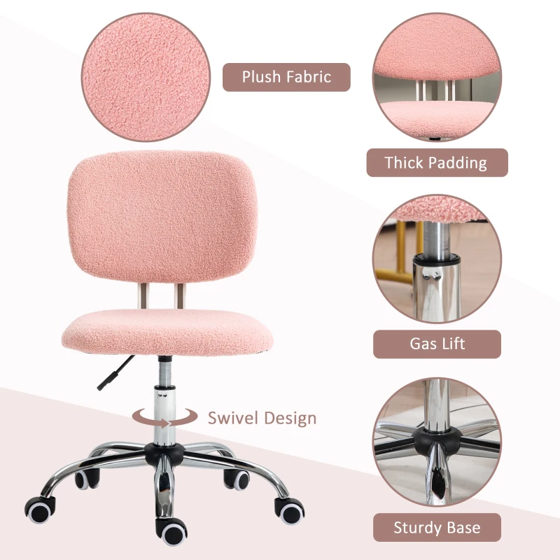 Vinsetto Cute Armless Office Chair, Teddy Fleece Fabric Computer Desk Chair, Vanity Task Chair with Adjustable Height, Swivel Wheels, Mid Back, Pink