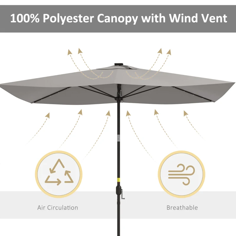 Outsunny 6.5x10ft Patio Umbrella Tilt Aluminum Outdoor Market Parasol with Solar Powered LEDs, Crank - Light Grey