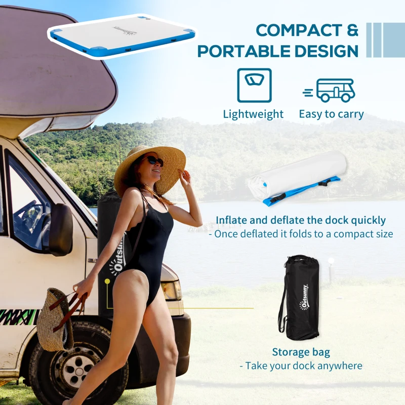 Outsunny 8 x 6ft Water Inflatable Floating Dock, Inflatable Platform Island, Large Floating Mat Raft with Air Pump & Backpack, for Pool, Beach, Ocean, White