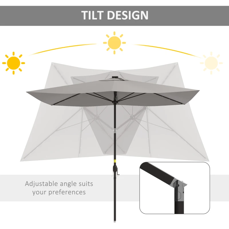 Outsunny 6.5x10ft Patio Umbrella Tilt Aluminum Outdoor Market Parasol with Solar Powered LEDs, Crank - Light Grey