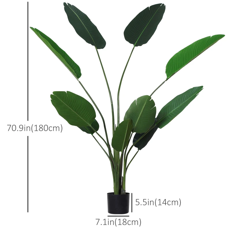 Outsunny 6FT Artificial Bird of Paradise Plant, Fake Tropical Plam Tree with 10 Banana Leaves in Pot, Faux Plant for Indoor , Green