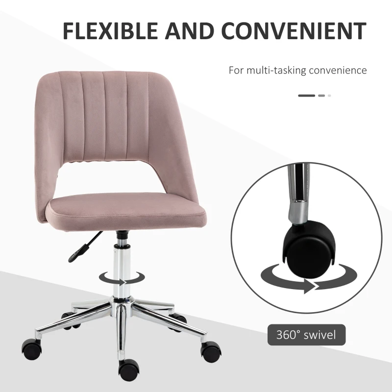 Vinsetto Modern Mid Back Office Chair with Velvet Fabric, Swivel Computer Armless Desk Chair with Hollow Back Design for Home Office, Pink