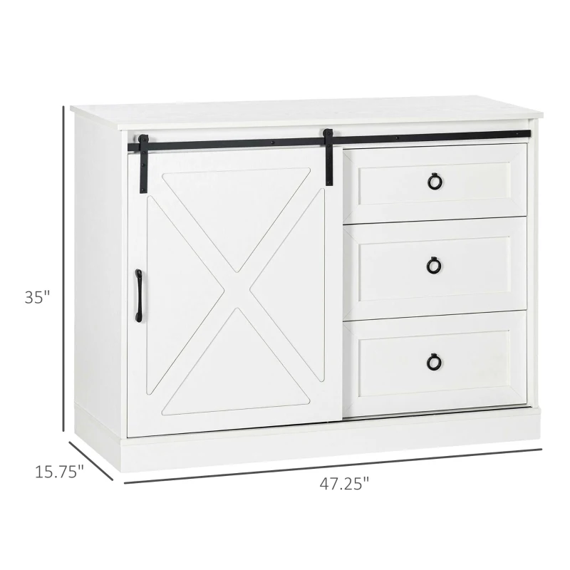 HOMCOM Farmhouse Kitchen Sideboard, Buffet Cabinet with Sliding Barn Door and 3 Storage Drawers for Living Room, White