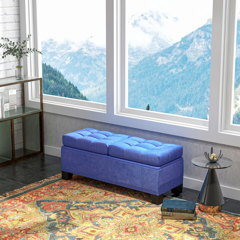 HOMCOM 46" Storage Ottoman Bench, Upholstered End of Bed Bench with Steel Frame, Button Tufted Storage Bench with Safety Hinges for Living Room, Entryway, Bedroom, Blue