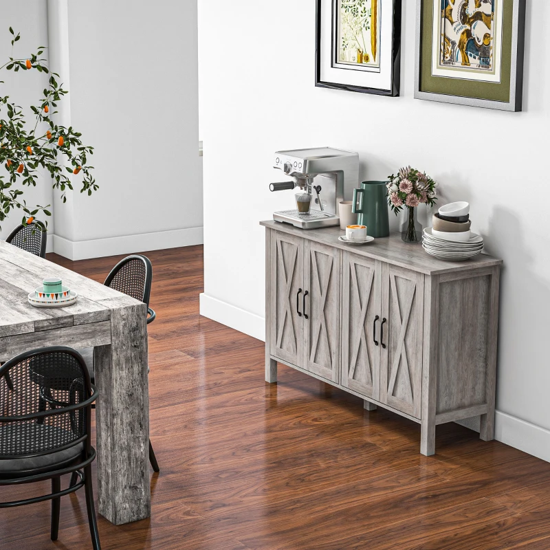HOMCOM Sideboard Buffet with 4 Barn Doors and 2 Adjustable Shelves, Kitchen Buffet Cabinet for Living Room, Hallway, Gray