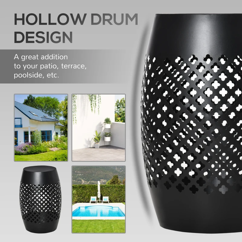 Outsunny 12.5" Steel Outdoor Side Table, Round Hollow Drum Patio End Table, Accent Table for Indoor and Outdoor, Black