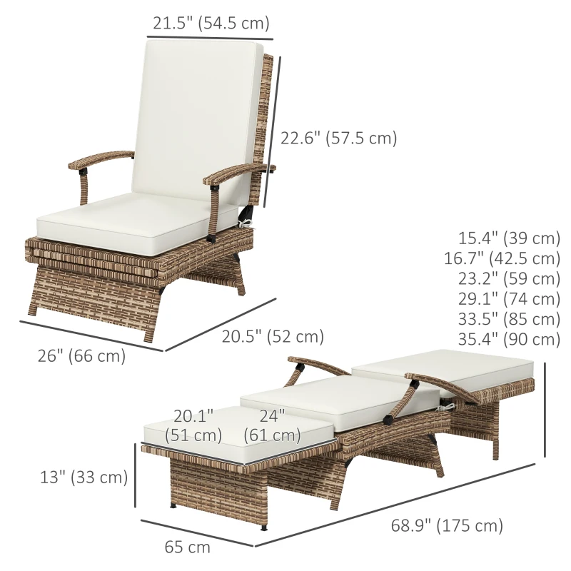 Outsunny Outdoor Wicker Foldable Recliner Chair with Retractable Footrest, Cushion, White