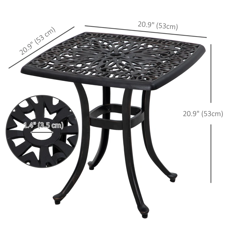 Outsunny 21" Square Outdoor End Table, Cast Aluminum Patio Side Table with Umbrella Hole for Garden, Balcony, Poolside, Bronze