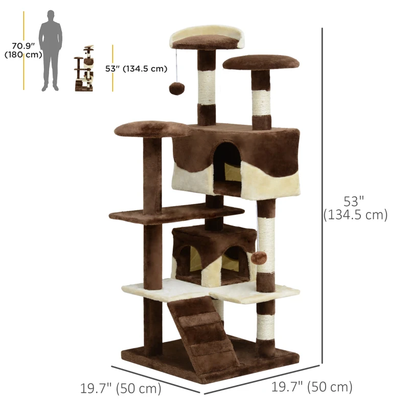 PawHut 53" Cat Tree Scratching Large Kitten Play House Multi-Level Activity Center Pet Furniture