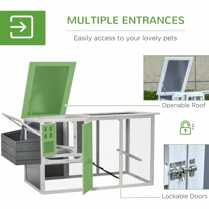 PawHut 64" Wooden Chicken Coop, Outdoor Hen House Poultry Cage with Outdoor Run, Nesting Box, Removable Tray, Openable Hollow Sheet Roof and Lockable Doors