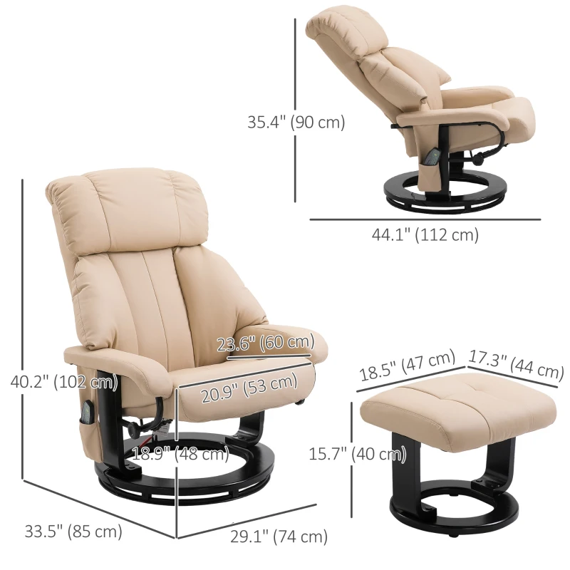 HOMCOM Massage Recliner Ottoman Set Electronic Reclining Chair with Footrest 10 Vibration Motor Swivel Wood Base Beige