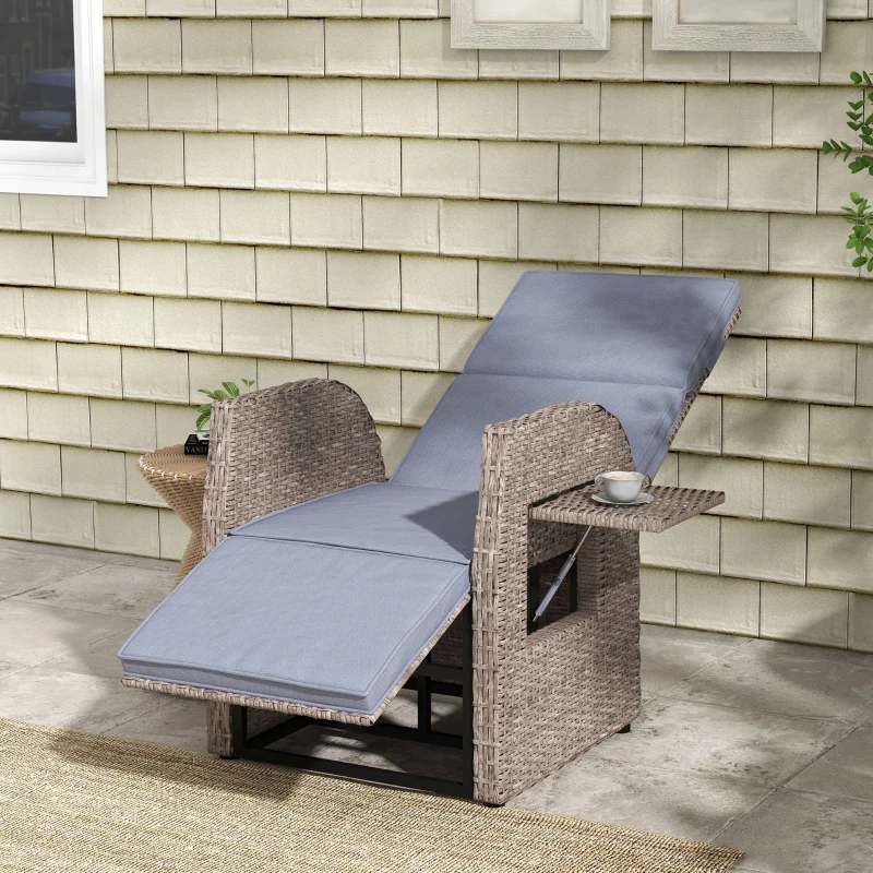 Outsunny Outdoor Recliner Chair with Adjustable Backrest & Footrest, Cushion, Side Tray, Grey